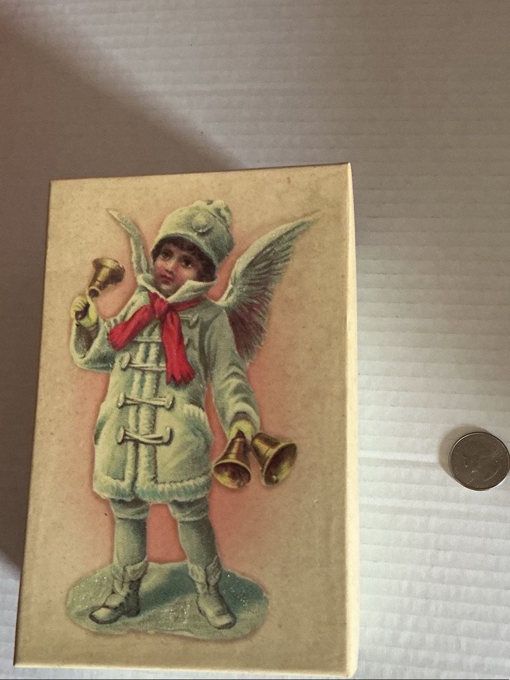 Costco Vintage Angel Bell Figurine Print Box - Cream & Red Accents